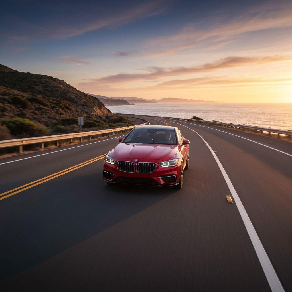 Modern car on scenic road representing auto insurance